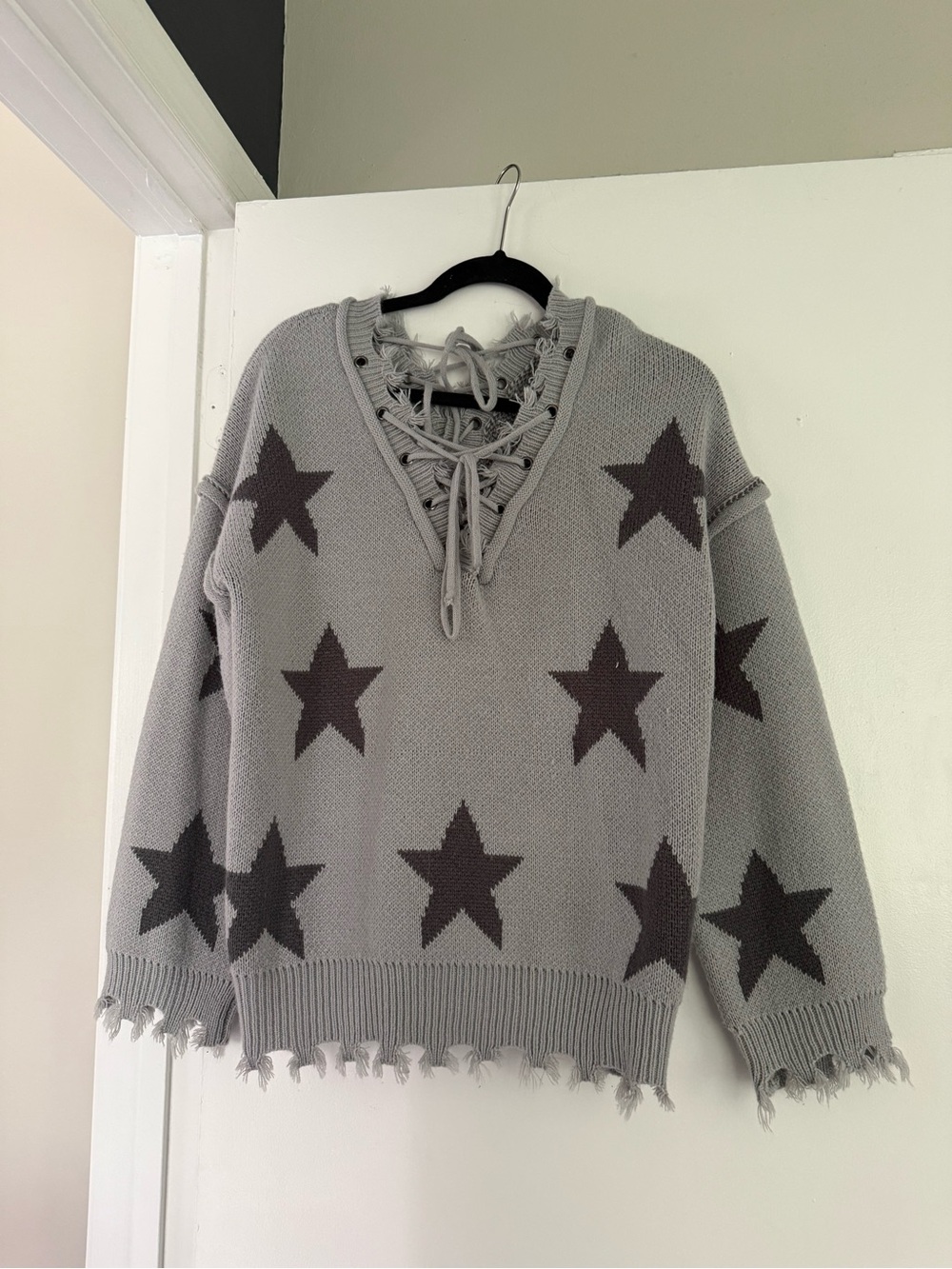 POL Gray Star Lace-Up V-Neck Distressed Sweater